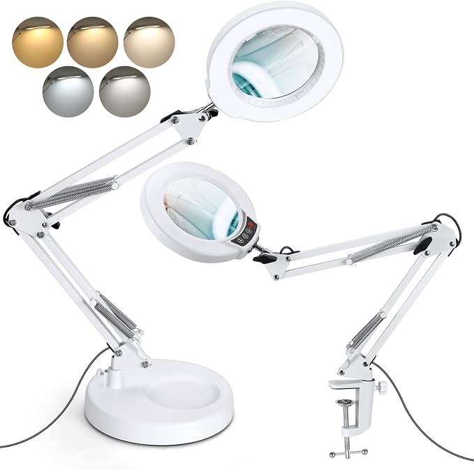 12X Magnifying Glass with Light and Stand, Upgrade Button 5 Color Modes Stepless Dimmable, 2-in-1 LED Lighted Magnifier Light, Hands Free Desk Lamp with Clamp for Craft Hobby Close Work - White