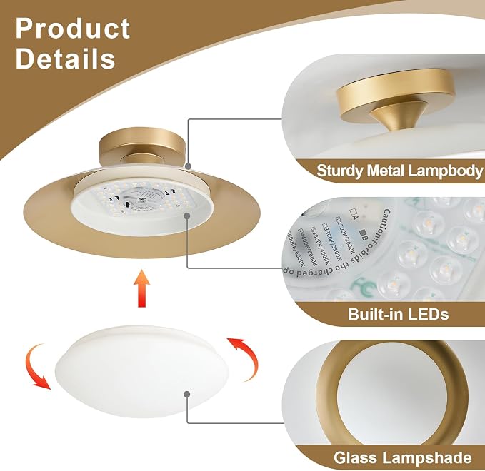 Dimmable Modern Mid-Century LED Ceiling Light, White and Gold, 15.7 Inch | Semi Flush Mount Ceiling Light, 5CCT 2700K-6000K Lighting Fixtures with Glass Shade for Bedroom Kitchen Living Room