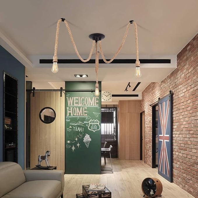 3-Light Hemp Rope Chandelier,Industrial Vintage Spider Ceiling Light Fixture,Rustic Farmhouse Hanging Pendant Light with Natural Jute Rope,E26 Base for Dining Room Kitchen Bedroom Cafe Bar