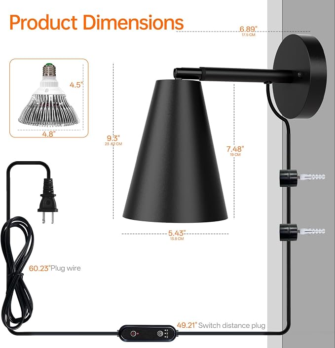 Wall-Mounted Grow Light 25W Full Spectrum Plant Light | 3300K Full Spectrum Plant Light, 350°Adjustable Head, Timer & Black Metal Shade, for Flowers, garden Growing