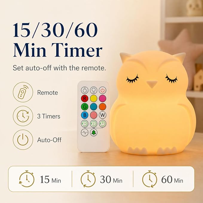 Owl Kids Night Light, Baby Nursery New Born Baby Essentials Must Haves | Portable LED Night Lamp for Breastfeeding, Nightlight with Timer, Rechargeable Light for Toddlers Kids, Girl Boy Room Decor