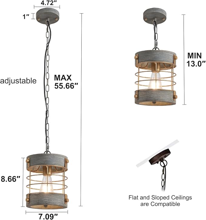 Farmhouse Pendant Light, Adjustable Metal and Wood Chandelier Light Fixture, Rustic Pendant Lighting for Kitchen Island, Bedroom, Dining Room and Entryway, Blue Gray
