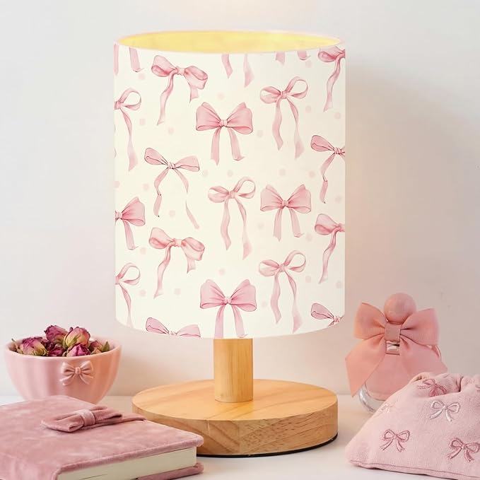 Bow Style Kids Table Lamp for Bedroom Kids Bedside Lamp with Linen Wooden Nightstand Cartoon Nursery Lampshade for Girls Boys Living Room