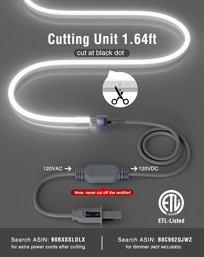 LED Neon Rope Lights AC 120V, Expandable & Cuttable 120LEDs/M Bright Strip Lighting, ETL Cold-Resistant & IP65 Waterproof for Indoor Outdoor, 8x16mm, 6300K Cool White, 16.4ft