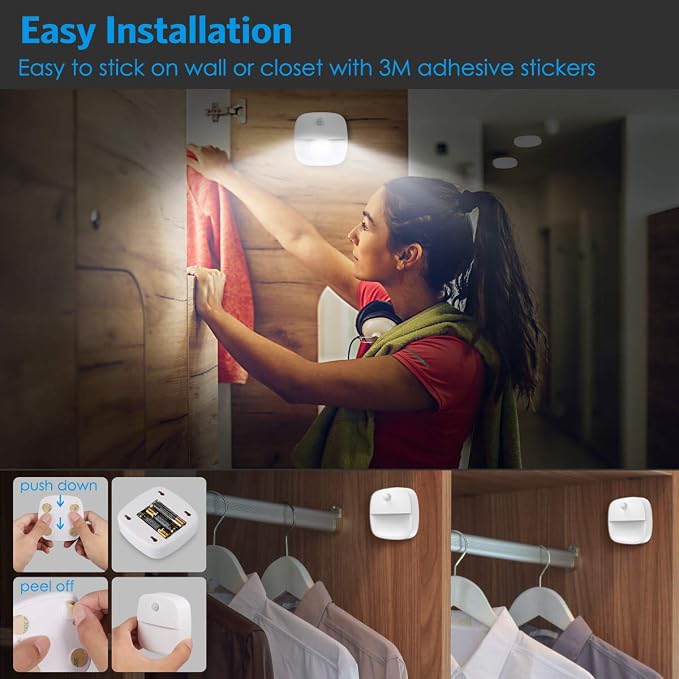 AMIR Upgraded Motion Sensor Stair Light Indoor (White - Pack of 3) | Battery Operated, Cordless Stick-On LED Night Light for Closet, Hallway, Bathroom, Kitchen, Cabinet, Energy Efficient