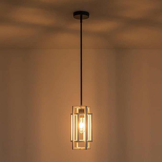 Farmhouse Pendant Light Fixtures, Modern White Wood Texture and Black Finish Pendant Lights 59'' Adjustable Small Square Pendant Ceiling Hanging Light for Kitchen Island Dining Room Entryway