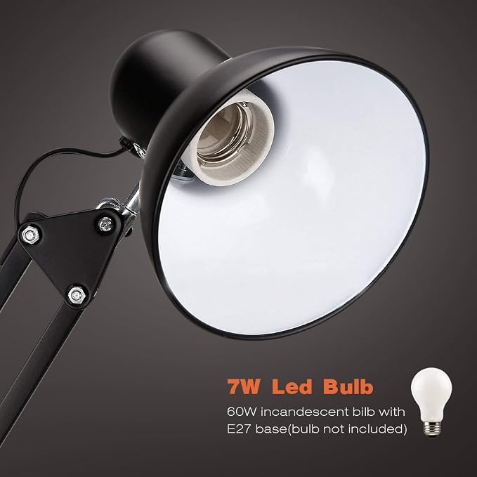 PowerKing Metal Swing Arm Desk Lamps, Adjustable Architect Lamp, Black | Metal Material, Adjustable & Flexible, Fits E26 E27 Bulbs, 2-in-1 Design, Eye-Caring Reading Light, for Home & Office