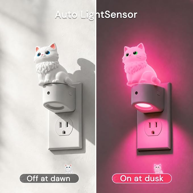 L LOHAS LED Night Light for Kids,[2-PACK] Kids Night Light | 3D Cute Ragdoll Cat Night Lights,Dusk to Dawn Sensor,RGB+Soft White 3000K,Birthday Gift Nightlight for Kids, Room Decor