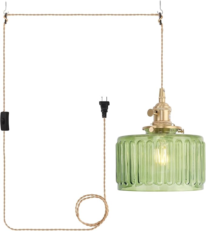 Plug in Pendant Light Hanging Light Fixtures with Plugin Cord On/Off Switch,Green Striped Glass Lampshade Brass Pendant Light
