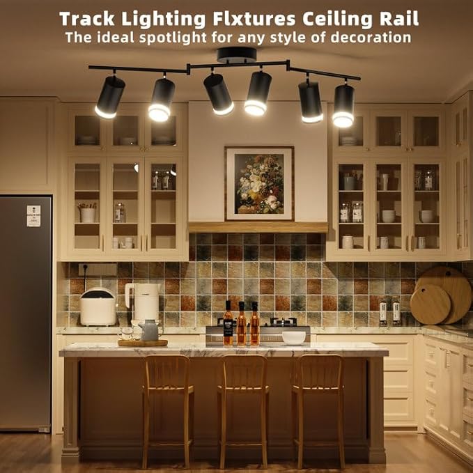 6-Light Track Lighting Fixtures Ceiling, GU10 Black Led Ceiling Spotlight, Modern Track Light Kit for Kitchen Bedroom Living Room