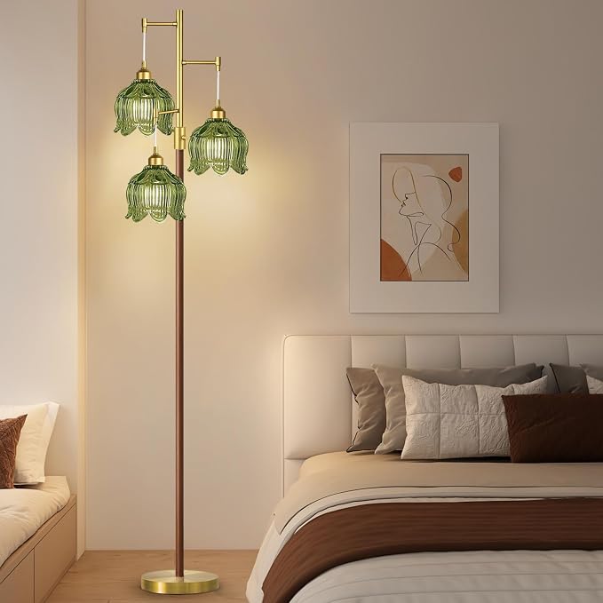 ZECOXOL Wood Floor Lamps for Living Room Bedroom-Rustic Glass Floor Lamp with Three Led Bulb, Modern Mid Century Standing Lamp Brass Vintage Tall Lamp Gold Tree Floor Lamp for Bedroom Corner