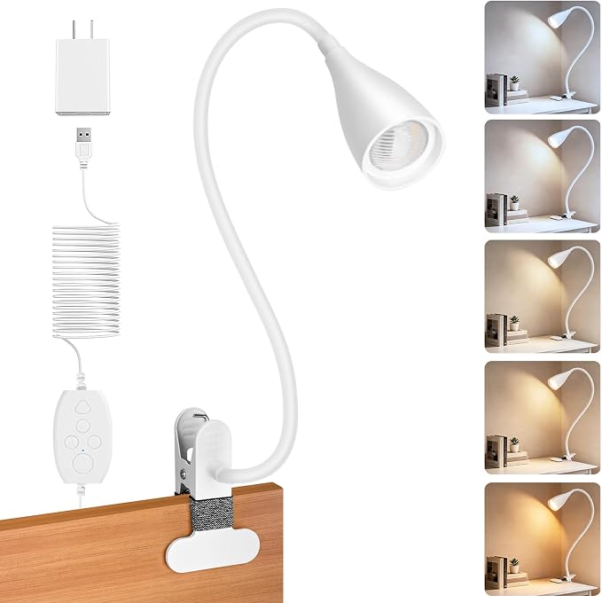 Reading Light for Book in Bed,Clip on Light Reading Lamp with Adapter White | 5 Color Modes 10 Brightness, Flexible Eye-Caring Clip on Desk Lamp Book Light for Reading in Bed Headboard Bedside Bedroom