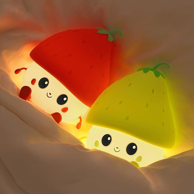 Green Strawberry Night Light, Cute Fruit Night Lamp for Kids Bedroom USB Rechargeable Lamps 2 Brightness Levels, Nursery Bedside Delay-off Nightlight for Baby Boys Girls Birthday Christmas