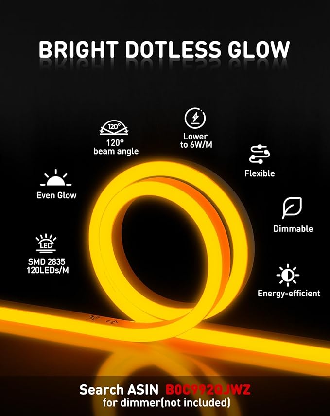 Shine Decor LED Rope Lights AC 120V, Connectable & Cuttable Dotless 120LEDs/M Eco Neon Strip Lighting, ETL IP65 Waterproof & Weather-Resistant for Home Commercial, 8x16mm, Gold, 16.4FT