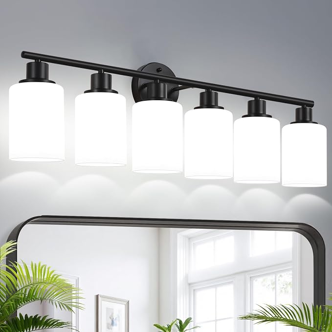 Zarbitta 6-Light Bathroom Light Fixtures, Black Modern Vanity Lights with Milky White Frosted Glass Shades, Bathroom Wall Lamp, for Mirror, Living Room, Kitchen, Hallway, Cabinet, Porch