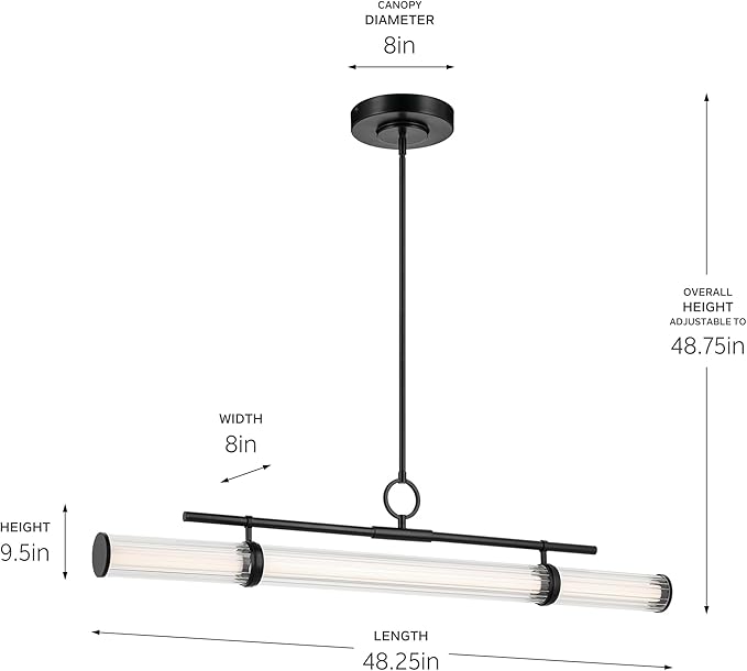 Kichler Riven LED 1-Light Linear Chandelier with Clear Fluted Glass in Black, Sloped Ceiling Compatible, for Kitchen or Dining Room (9.5" x 8" x 48.25"), 52753BKLED