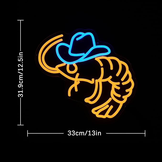 Cowboy Shrimp Neon Sign for Wall Decor, USB Powered Shrimp Neon Light Wall Art, Seafood LED Light Up Sign for Seafood Restaurants, Pub, Store, Man Cave