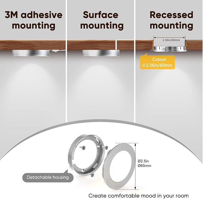 VST 6 Pack Plug-in LED Under Cabinet Puck Lights, Wired Touch Dimmer Switch & RF Remote,CCT 2700K-6000K Adjustable ，Recessed & Surface Mount, 12V/2W UL Listed for Wardrobe Display(Silver, 6 Pack)