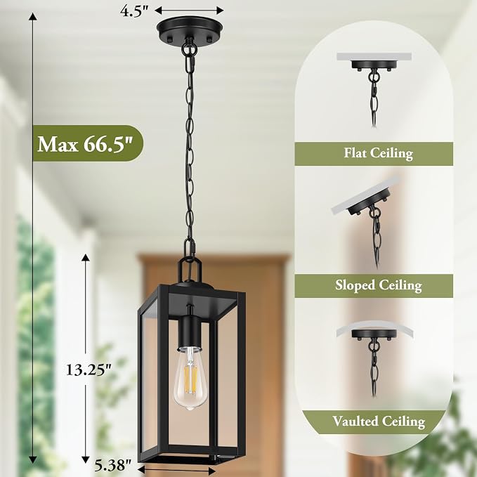 Outdoor Pendant Light, Modern Hanging Lantern for Porch, Black | Hanging Height Adjustable, Waterproof, Rust-Resistant, Durable Metal & Clear Glass, Standard E26 Sockets, Easy to Install