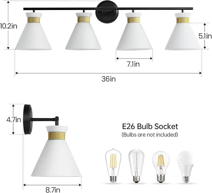WOSHITU Bathroom Vanity Light Fixtures: 4-Light Mid Century Modern Vanity Lights for Bathroom Over Mirror, Black and Gold Wall Sconce Lighting with Frosted Milky Glass for Bath Bedroom