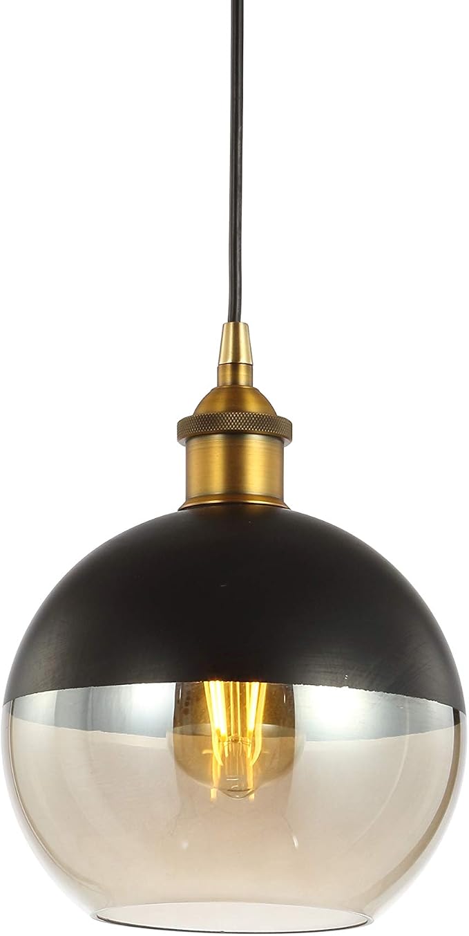 JONATHAN Y Nixon 1-Light 7.5" Globe Pendant, Brass Gold/Black | Mid-Century Modern, Adjustable, Champagne Smoked Glass Shade, LED Bulbs Included, Metal/Glass Kitchen Island Ceiling Fixture