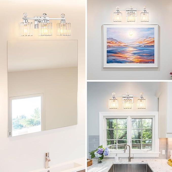 18.8 Inch Bathroom Vanity Light with Clear Crystal Shades, 3-Light Chrome Modern Fixture for Mirror, Easy Installation & Dimmable Lighting, Shadow-Free Illumination for Bathroom Mirror Decor