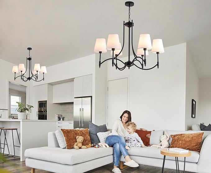 Black Farmhouse Chandelier for Dining Room， 6-Lights with White Fabric Shade Dining Room Light Fixtures，Rustic Industrial Chandelier for Living Room Kitchen Island Foyer