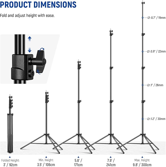 NEEWER 9.8ft/3m Air Cushioned Light Stand, Heavy Duty Metal Photography Tripod Stand with 1/4" to 3/8" Reversible Spigot, 3 Way Mounting Interface & Metal Locking Knobs, Max Load 5.5lb/2.5kg | Photography Tripod Stand, 1/4" to 3/8" Reversible Spigot, 3...