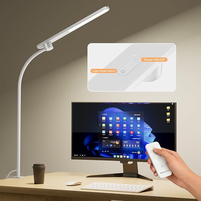 Honeywell HJ2 Gooseneck LED Desk Lamp with Clamp, CRI≥97 Full Spectrum Eye-Caring Light, 16" Flexible Metal Arm, 3-Color Dimming with Magnetic Remote for Home Office, Artists, Reading(White)