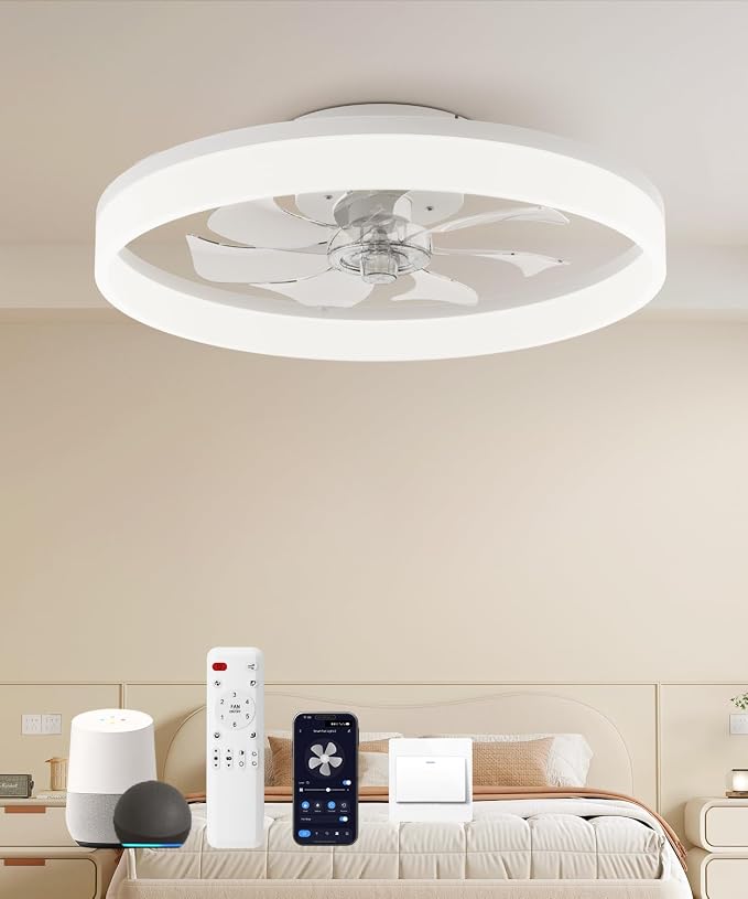 Smart Ceiling Fans with Light and Remote,20" Low Profile Ceiling Fan with 6-Speed & Dimmable LED, Alexa/APP Home Voice Control, App, Reversible Airflow, App Timer, for Bedroom（White）