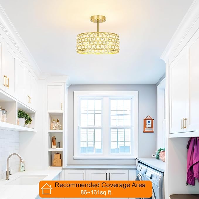 Lxybcce Gold Crystal Ceiling Light Fixture - Modern Semi Flush Mount Ceiling Light for Hallway, Kitchen Lighting Fixtures Ceiling, Dazzling Prism Chandelier for Foyer Closet Bedroom, 3 Light, 12 in
