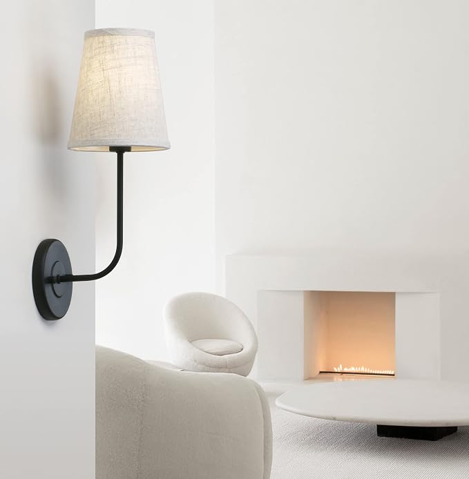Classic Rustic Wall Sconce Light Fixture with Flared Funnel Linen Fabric Shade Nightstand Lamps for Living Room Bedrooms Bedside Reading (Black)