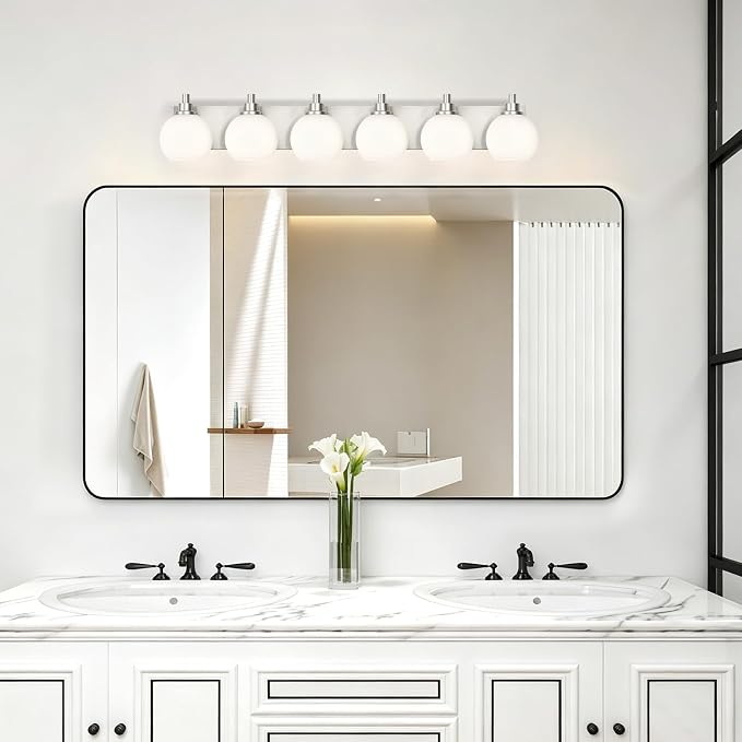 IZORRO Bathroom Light Fixtures, 6-Light Brushed Nickel Vanity Light, Modern Wall Sconces with Globe Milk White Glass Shade, Vanity Lighting Fixtures Over Mirror,E26 Bulb Socket