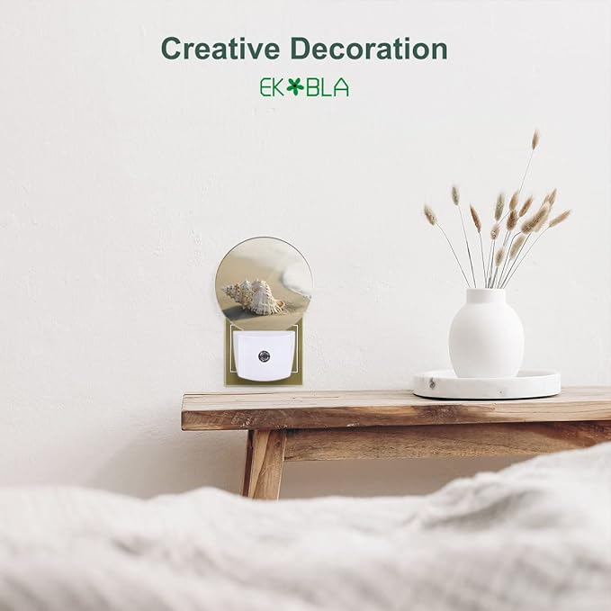 EKOBLA Summer Beach LED Night Light Conch Shell on Beach Sea Waves Ocean Plug-in Nightlights Home Auto Sensor LED Dusk to Dawn Light for Bedroom Bathroom Kitchen Corridor