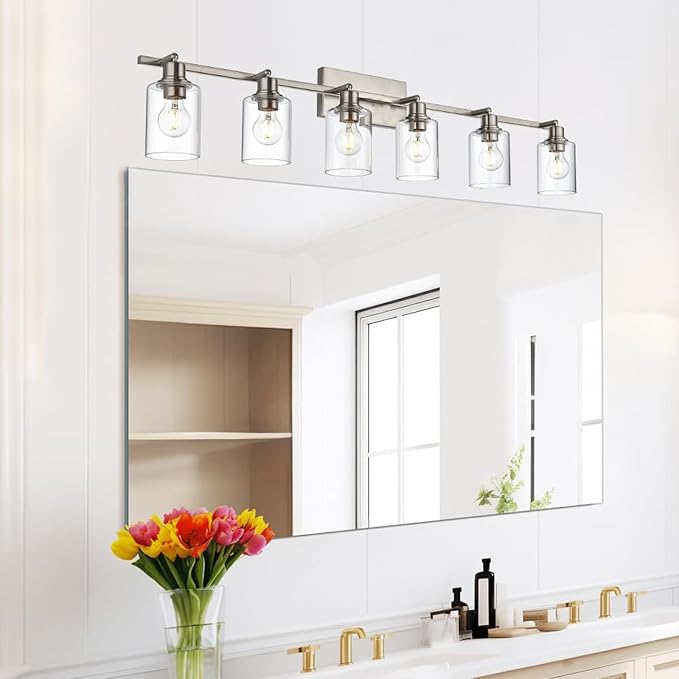 6 Light Track Lighting Fixture Brushed Nickel Track Lighting Kit | Ceiling Wall Mount Rotatable Spotlights with Clear Glass Shades, for Kitchen Island, Bathroom, Hallway, Shop