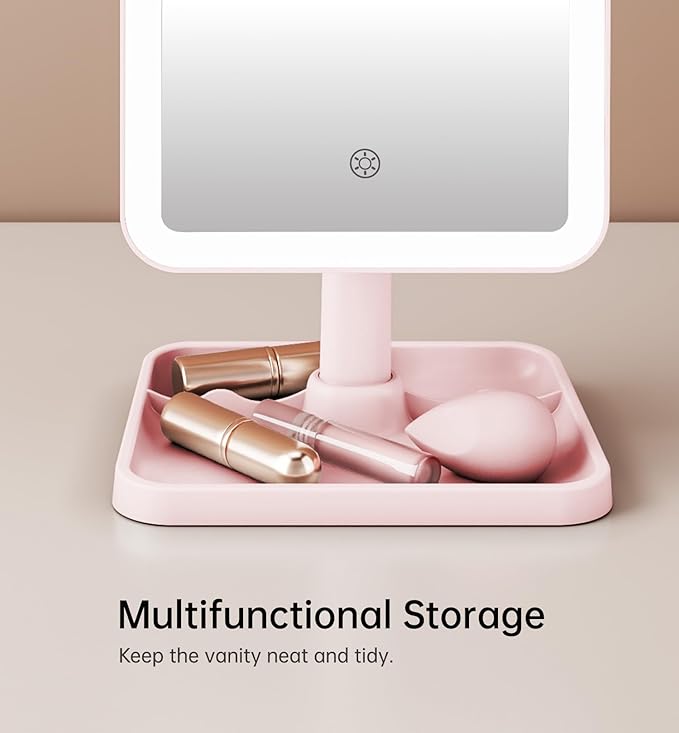 Famihomii Rechargeable Lighted Makeup Mirror for Girls, Desk Mirror with Lights, Detachable 10X Magnifying Mirror, Storage Base, 360° Rotation, Dimmable Lights for Teens Gifts, Pink