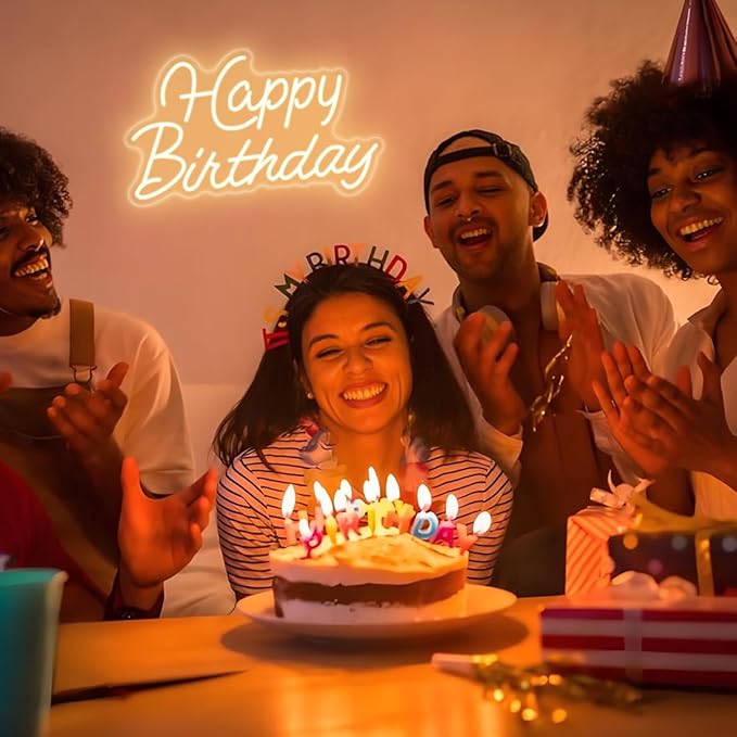 Happy Birthday Neon Sign for Wall Decor,Led Happy Birthday Neon Light Sign,USB Powered Dimmable Light Up Sign for Birthday Party Backdrop Decoration, Warm White, 16.5x9.8 inch