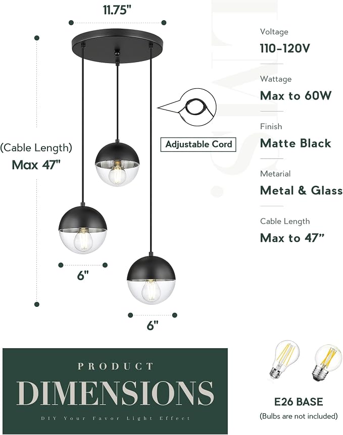Modern 3-Light Cluster Pendant Lights, Matte Black Kitchen Island Light Fixtures with Clear Globe Glass Shade, Adjustable Hanging Light for Bathroom Bedroom Dining Room Living Room, LMS-186BKC3