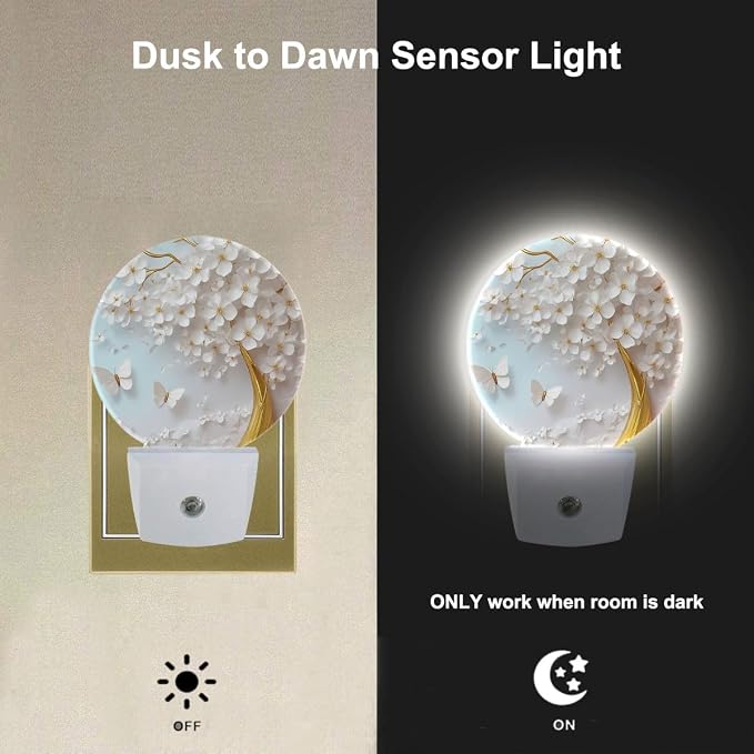 EKOBLA Butterfly and Cherry Blossom Night Light, Floral Night Lights Plug Into Wall with Dusk to Dawn Sensor for Bedroom, Bathroom and Corridor