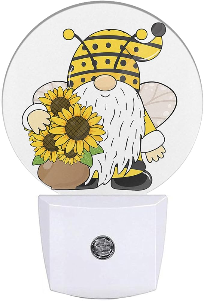 Gnome Night Lights Plug into Wall Summer Bee Gnome Sunflower Yellow Floral LED Dusk to Dawn Plug-in Nightlight Auto Sensor for Bedroom Bathroom Hallway Living Room