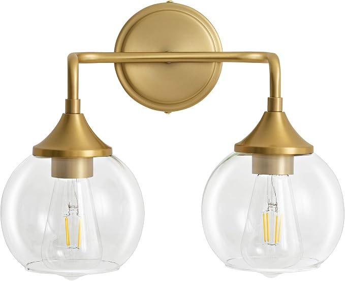Gold Bathroom Vanity Light 2-Light Modern Vanity Lights 14" | Farmhouse Vanity Lighting Fixtures Over Mirror, Thickened Clear Glass Shade, UL E26 Dimmable Vanity Light Fixtures