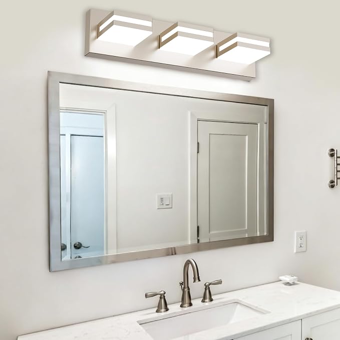 Bathroom Lights Fixtures Over Mirror, 360°Rotate Modern LED Vanity Lights for Bathroom, Dimmable & High CRI Acrylic Wall Lighting, No Assembly Required (Brushed Nickel, 3-Light, 16 Inch)