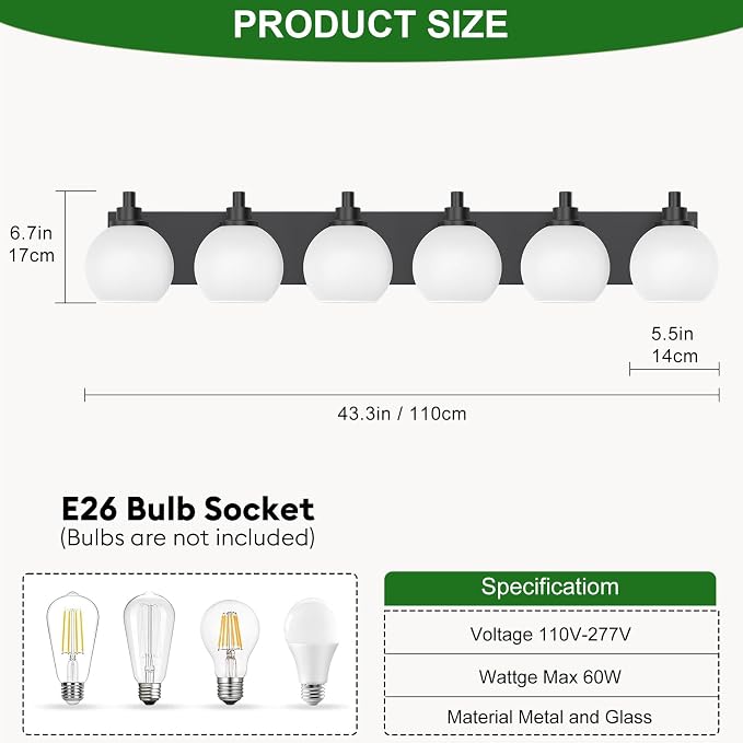 IZORRO Bathroom Light Fixtures, 6-Light Matte Black Vanity Light, Modern Wall Sconces with Globe Milk White Glass Shade, Vanity Lighting Fixtures Over Mirror,E26 Bulb Socket