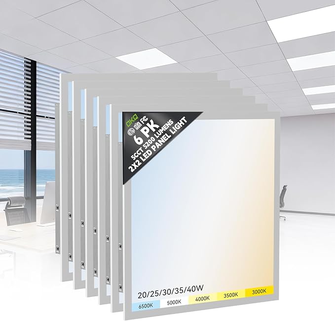 OKQ 2x2 LED Flat Panel Light Drop Ceiling Office Shop Commercial Warehouse Fixture, 5 CCT 3000K-6500K Adjustable & 5 Wattage Selectable,6000Lm 0-10V Dimmable, ETL Listed (6Pack)
