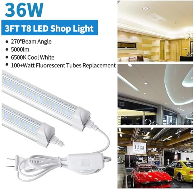3FT Lights 36W 6500K 5000LM Daylight,Foot Led Shop Lights 110V Linkable Clear Cover Integrated V-Shape for Shop Garage Warehouse Workshop Commercial Bay Lighting(2-Pack)