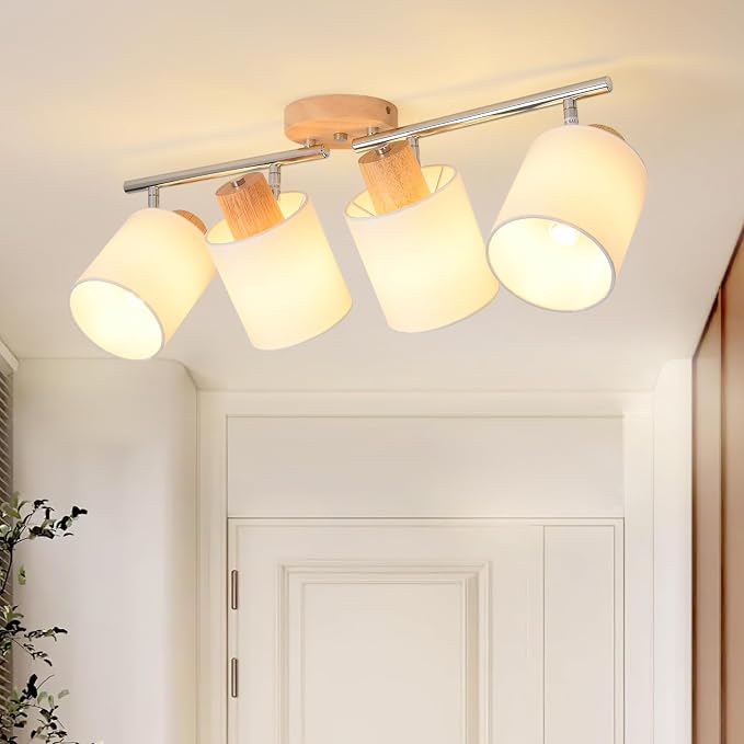 4-Light Track Lighting Kit Wooden Ceiling Spotlight Fabric Shades Rotatable | Rotatable Heads, E26 Socket, Modern LED Track Light Fixture Design, Ceiling & Wall Mount, Kitchen & Living Room Use, No Bulb