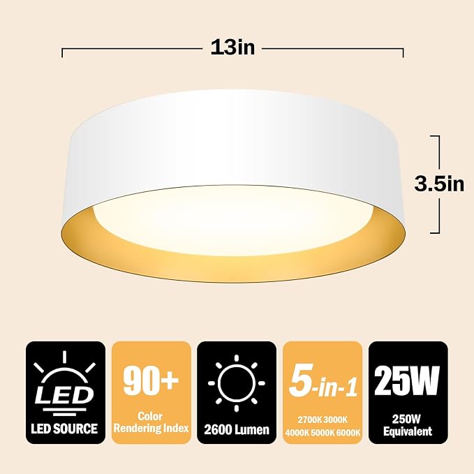 Flush Mount Ceiling Light, 13in Modern Ceiling Light 5 Color Temperature | 25W Bathroom Ceiling Light Fixture, 2600LM Dimmable LED Flush Mount Light for Bedroom, Hallway, Kitchen, White & Gold, 2-Pack