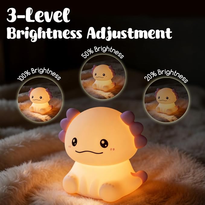 LEDHOLYT Cute Axolotl Night Light for Kids, 3 Adjustable Brightness Levels & 6 White Noise Sounds,Rechargeable Variable Color Axolotl lamp Gifts,Cute Room Decor Night Light for Kids Girls Boys