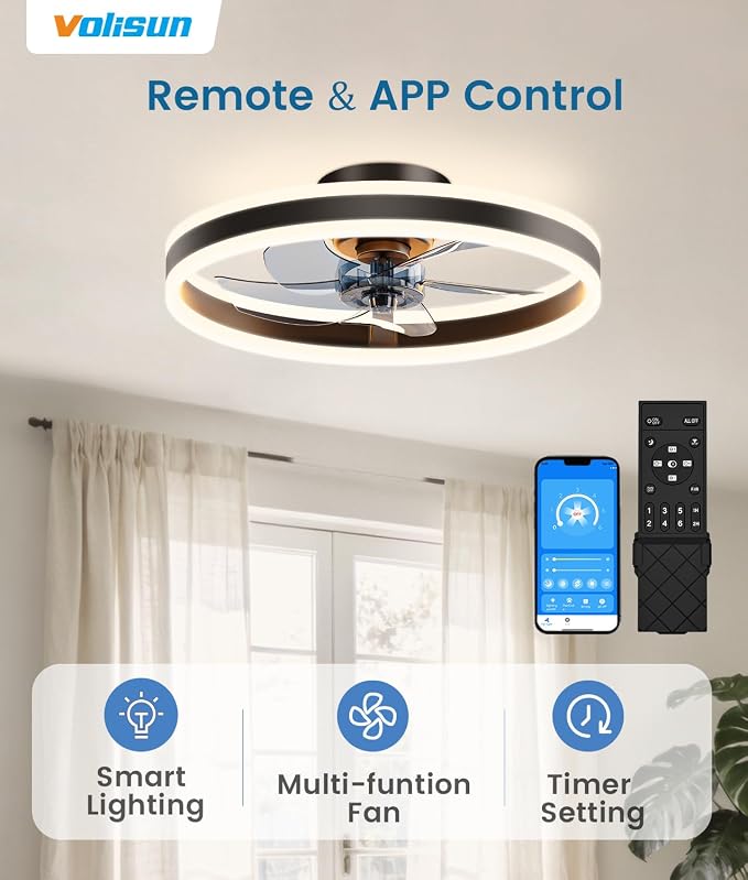VOLISUN Low Profile Ceiling Fans with Lights and Remote, 20in Flush Mount Ceiling Fans with Light, 3000K-6500K Dimmable Fandelier LED Fan Light, Black Bladeless Ceiling Fans with Lights for Bedroom