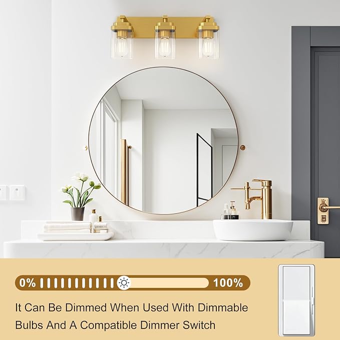 Brushed Gold Bathroom Light Fixtures, 3 Lights Bathroom Lighting Fixtures Over Mirror, Square Design & Rectangle Large Backplate, Modern Vanity Lighting Fixtures, for Living Room/Bedroom
